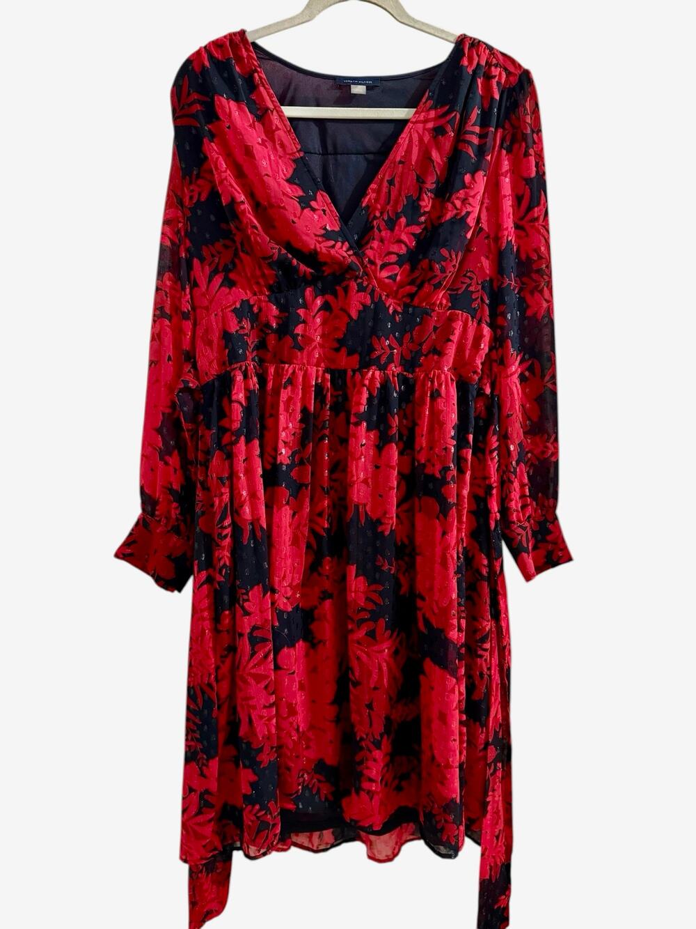 Tommy Hilfiger Women’s 12 Red Floral V-Neck Glitter Dot Self-Tie Midi Dress Work